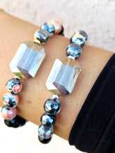 Load image into Gallery viewer, Black Rectangle Crystal on Black/Orange Agate Beaded Bracelet - Elena Michele