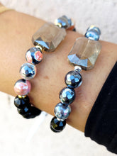 Load image into Gallery viewer, Black Rectangle Crystal on Black/Orange Agate Beaded Bracelet - Elena Michele