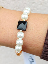 Load image into Gallery viewer, Onyx Square Crystal on Mystic Champagne with Pearl Beaded Bracelet - Elena Michele