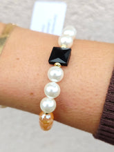 Load image into Gallery viewer, Onyx Square Crystal on Mystic Champagne with Pearl Beaded Bracelet - Elena Michele