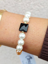 Load image into Gallery viewer, Onyx Square Crystal on Mystic Champagne with Pearl Beaded Bracelet - Elena Michele