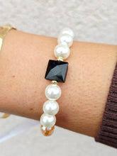 Load image into Gallery viewer, Onyx Square Crystal on Mystic Champagne with Pearl Beaded Bracelet - Elena Michele