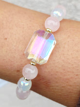Load image into Gallery viewer, AB Rainbow Rectangle Crystal on Rose Quartz Beaded Bracelet - Elena Michele