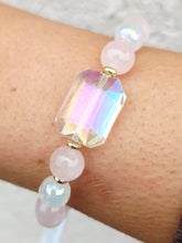 Load image into Gallery viewer, AB Rainbow Rectangle Crystal on Rose Quartz Beaded Bracelet - Elena Michele