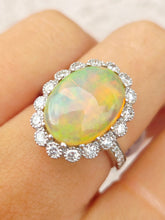 Load image into Gallery viewer, 3.84 Carat Opal with Vintage Style Diamond Halo Ring - 14K White Gold