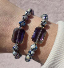 Load image into Gallery viewer, Purple Rectangle Crystal on Mystic DZI Rainbow Agate Beaded Bracelet - Elena Michele
