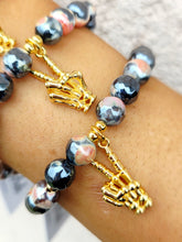 Load image into Gallery viewer, Skeleton Peace Sign on Orange Black Agate Beaded Bracelet - Elena Michele