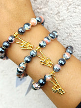 Load image into Gallery viewer, Skeleton Peace Sign on Orange Black Agate Beaded Bracelet - Elena Michele