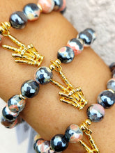 Load image into Gallery viewer, Skeleton Peace Sign on Orange Black Agate Beaded Bracelet - Elena Michele