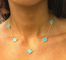 Load image into Gallery viewer, Five Turquoise Clover Station Necklace - Gold Plated Sterling Silver