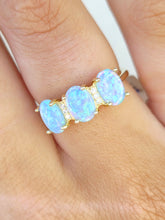 Load image into Gallery viewer, Three Oval Stone Blue Opal Ring - Gold Plated Sterling Silver