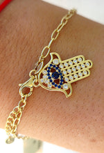 Load image into Gallery viewer, Hamsa w/ Blue &amp; Clear CZ Bracelet - Gold Plated Sterling Silver