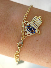 Load image into Gallery viewer, Hamsa w/ Blue &amp; Clear CZ Bracelet - Gold Plated Sterling Silver