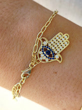 Load image into Gallery viewer, Hamsa w/ Blue &amp; Clear CZ Bracelet - Gold Plated Sterling Silver