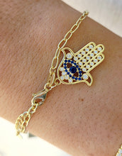 Load image into Gallery viewer, Hamsa w/ Blue &amp; Clear CZ Bracelet - Gold Plated Sterling Silver