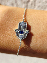 Load image into Gallery viewer, Hamsa w/ Blue &amp; Clear CZ on Dainty Bracelet - Sterling Silver