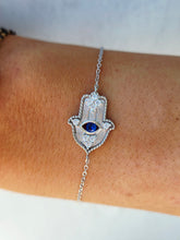 Load image into Gallery viewer, Hamsa w/ Blue &amp; Clear CZ on Dainty Bracelet - Sterling Silver