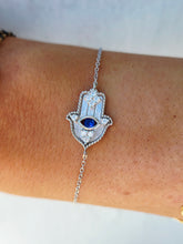 Load image into Gallery viewer, Hamsa w/ Blue &amp; Clear CZ on Dainty Bracelet - Sterling Silver