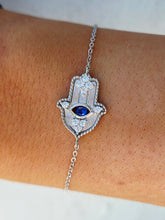 Load image into Gallery viewer, Hamsa w/ Blue &amp; Clear CZ on Dainty Bracelet - Sterling Silver