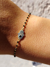 Load image into Gallery viewer, Hamsa Black Beaded Bracelet - Gold Plated Sterling Silver