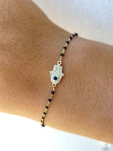 Load image into Gallery viewer, Hamsa Black Beaded Bracelet - Gold Plated Sterling Silver