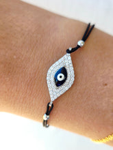 Load image into Gallery viewer, Black Double-Strand Silk w/ Center CZ and Black Evil Eye Bracelet