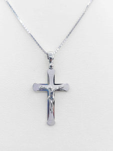 1" Crucifix Cross on Box Chain - 14K White Gold