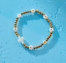 Load image into Gallery viewer, Daisy Cross Holy Water Stretch Bracelet in Gold