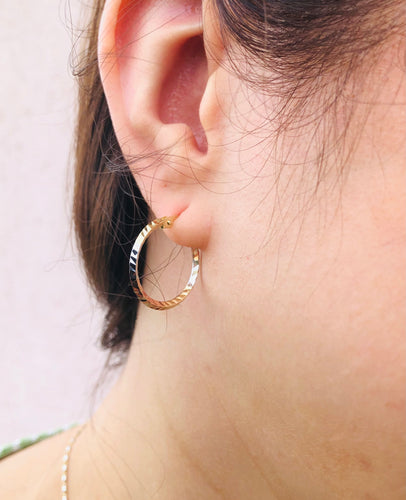 0.75” Thin Tri Colored Hoops - 14K Gold