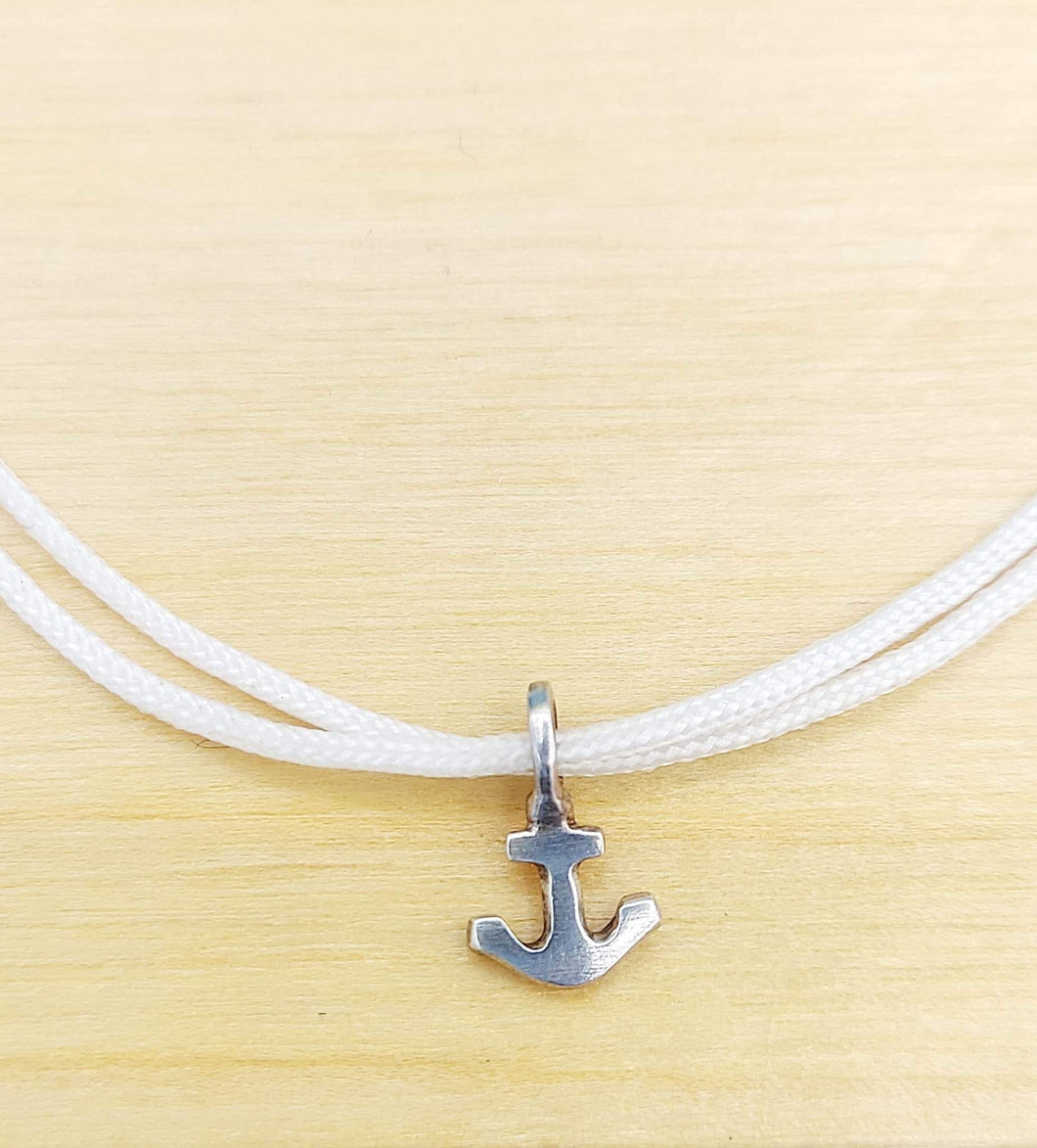 White Adjustable Bracelet w/ Anchor Charm- Sterling Silver