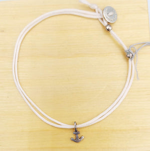 White Adjustable Bracelet w/ Anchor Charm- Sterling Silver