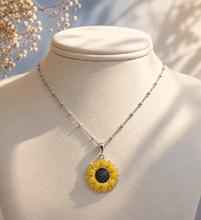 Load image into Gallery viewer, Sunflower Enamel Pendant on Beaded Chain - Sterling Silver