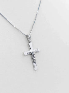 1" Crucifix Cross on Box Chain - 14K White Gold