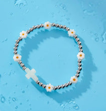 Load image into Gallery viewer, Daisy Cross Holy Water Stretch Bracelet in Silver