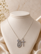 Load image into Gallery viewer, Cross, Heart &amp; Miraculous Medal on Cable Chain - Sterling Silver