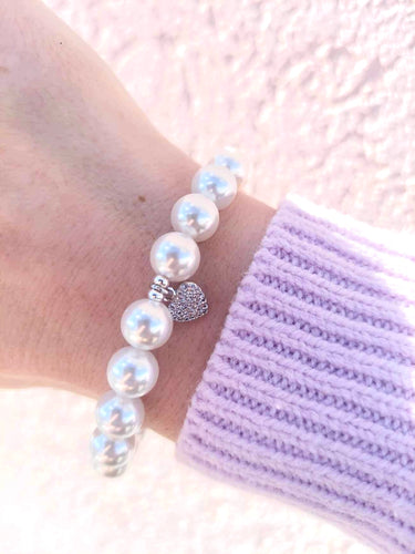 Mother of Pearl & Silver Pave Heart Beaded Bracelet