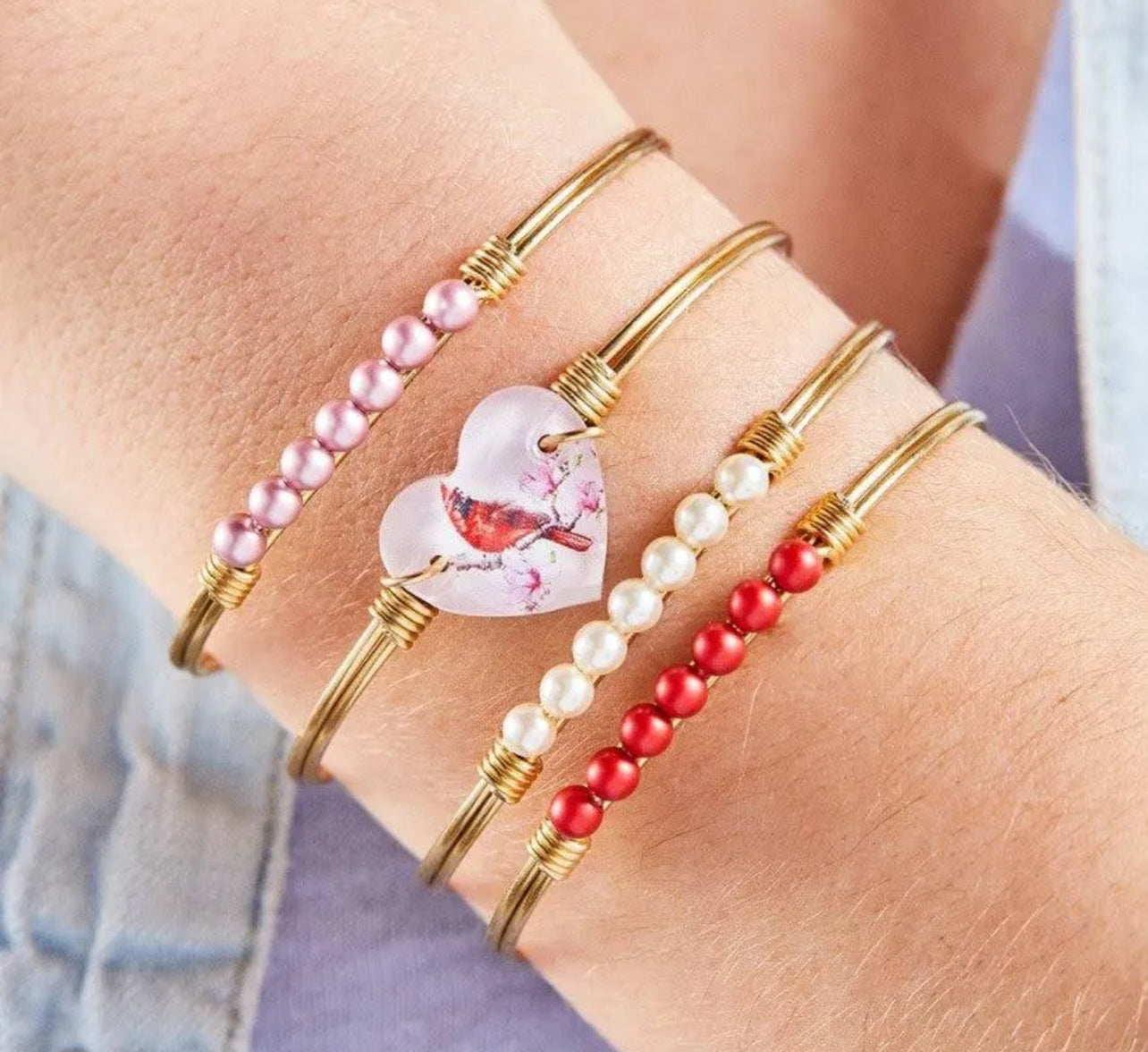 Pink Crystal Heart Cardinal Bangle Bracelet Luca and Danni