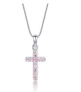 Child’s Pink CZ Cross Necklace- Sterling Silver