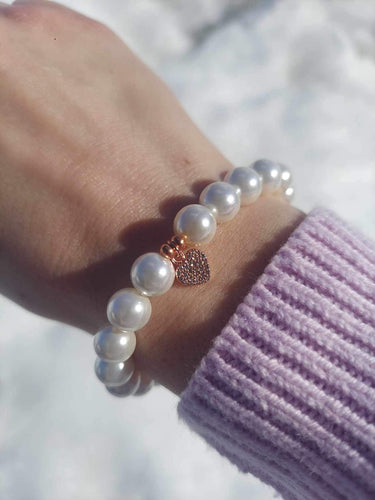Mother of Pearl & Rose Gold Pave Heart Beaded Bracelet