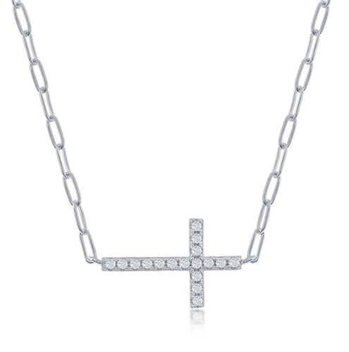 Sideways Cross on Paperclip Chain - Sterling Silver