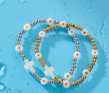 Load image into Gallery viewer, Daisy Cross Holy Water Stretch Bracelet in Silver