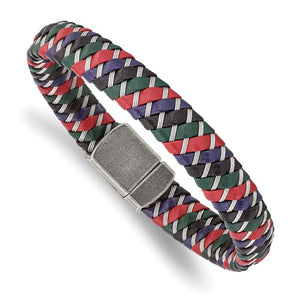 Stainless Steel Antiqued and Polished Multi-Color Leather with Wire Bracelet