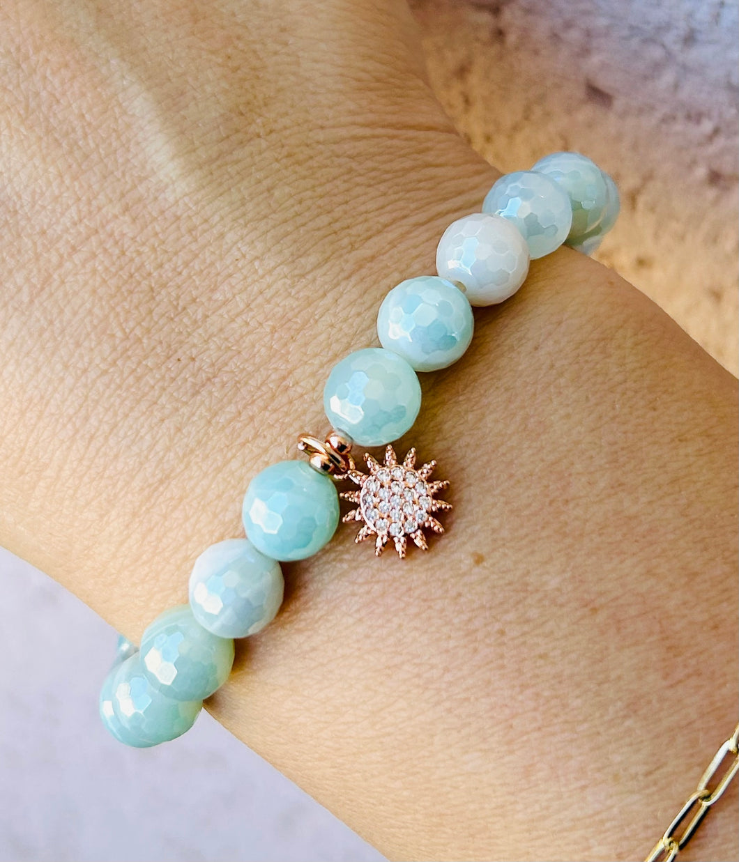 Mystic Teal Banded Agate w/Rose Pave  Sun Charm Beaded Bracelet - Elena Michele