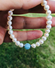 Load image into Gallery viewer, Pearl with Aquamarine - The TJazelle Cape Bracelet