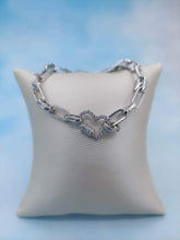 Load image into Gallery viewer, Heart Paperclip Link CZ Bracelet - Sterling Silver