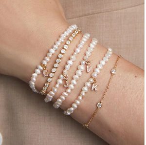 Initial Stretch Bracelet - Pearl with Gold Initial