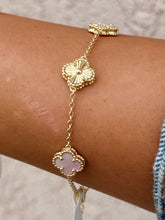 Load image into Gallery viewer, Mini Pink Mother of Pearl &amp; Gold Clover Station Bracelet