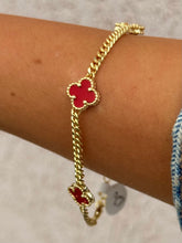 Load image into Gallery viewer, Mini Red Clover Station Curb Style Bracelet - Gold Plated Sterling Silver