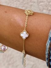 Load image into Gallery viewer, Mini Pink Mother of Pearl &amp; Gold Clover Station Bracelet