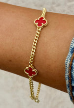 Load image into Gallery viewer, Mini Red Clover Station Curb Style Bracelet - Gold Plated Sterling Silver